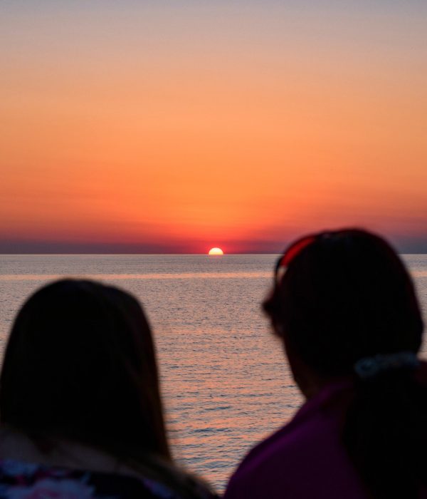 Rear view of two people watching sunset over the ocean.